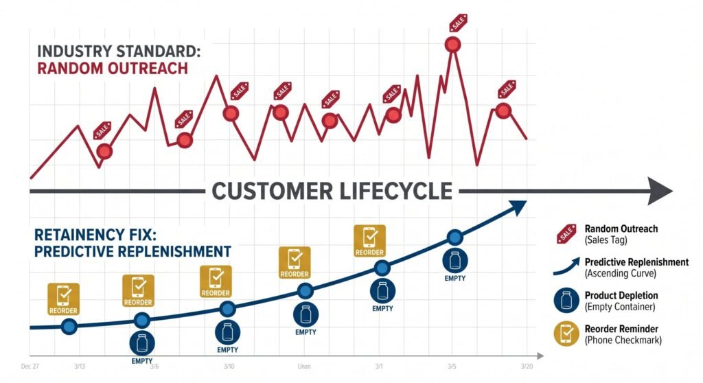 Data visualization: A timeline showing 'The Industry Standard' random sale blasts compared to 'The Retainency Fix' of automated WhatsApp reminders triggered 3 days before product depletion.
