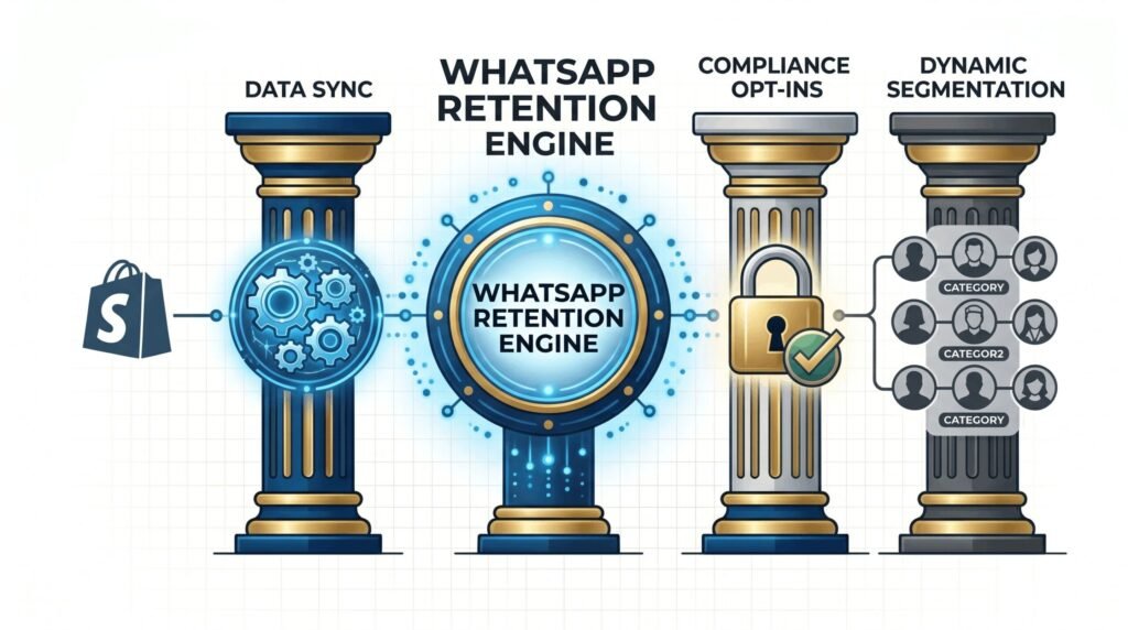 Technical diagram: A central 'WhatsApp Retention Engine' supported by three interconnected architectural pillars: Data Sync, Compliance Opt-ins, and Dynamic Segmentation.
