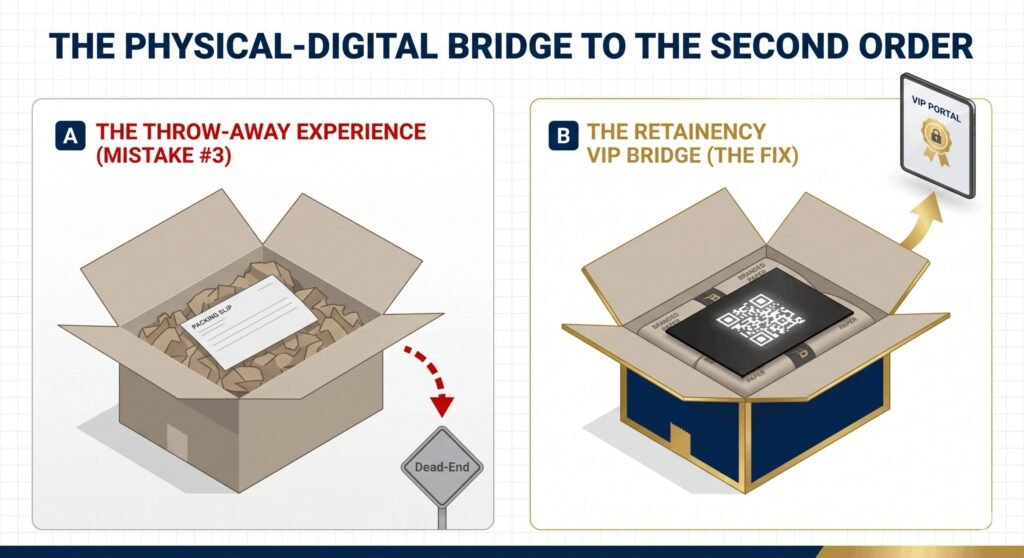 Comparing a wasted generic unboxing experience with plain packing materials versus the Retainency VIP Bridge unboxing insert with a QR code link to a second order portal