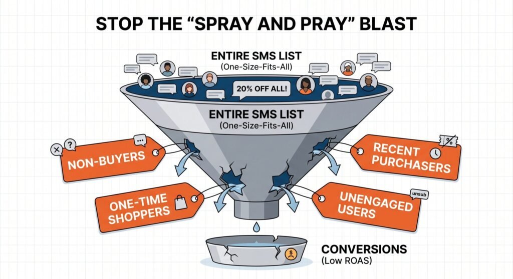 Infographic: A leaky funnel diagram illustrating the data inefficiency of 'Spray and Pray' SMS mass blasting without customer segmentation, SMS marketing mistakes