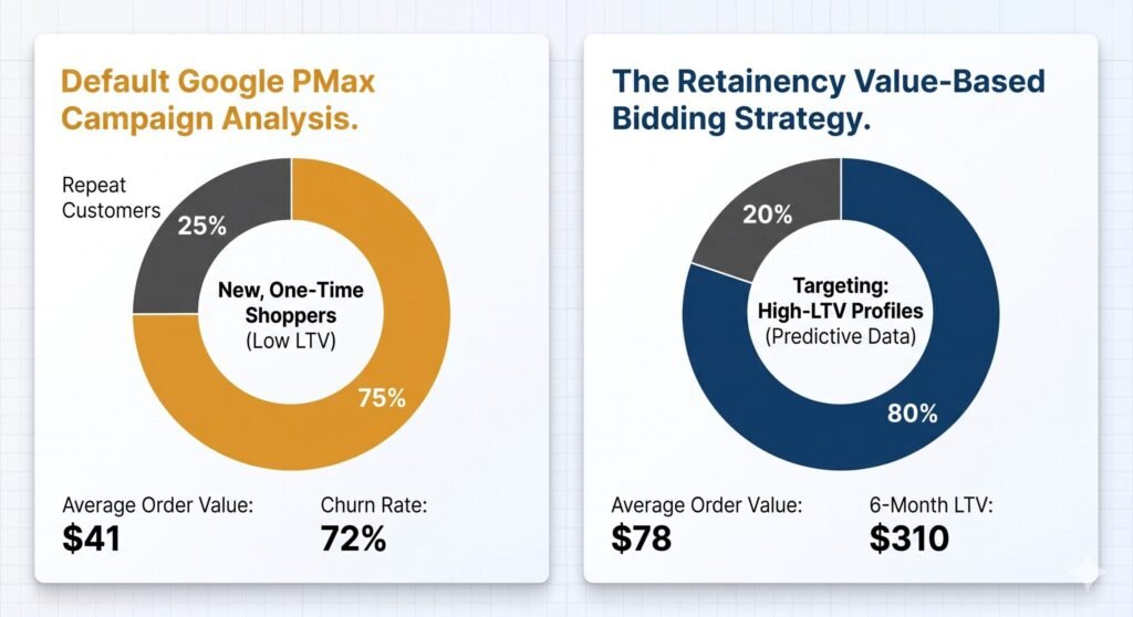 Comparison: Default PMax Strategy vs Value-Based Bidding for Shopify