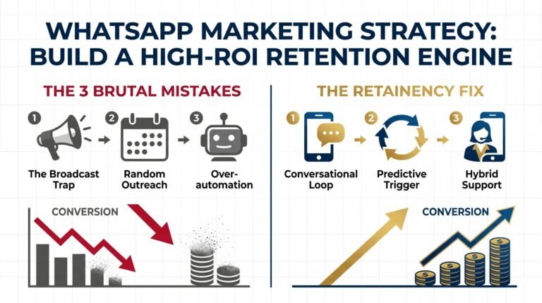 Infographic summary: A professional 16:9 chart comparing common WhatsApp marketing mistakes vs. the Retainency high-ROI retention strategy for Shopify