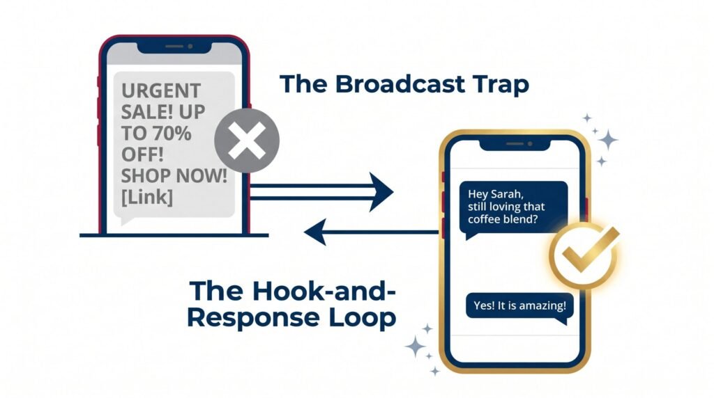 Infographic: Comparing a chaotic 'Broadcast Trap' with a block of text to a clean conversational 'Hook-and-Response' WhatsApp flow.