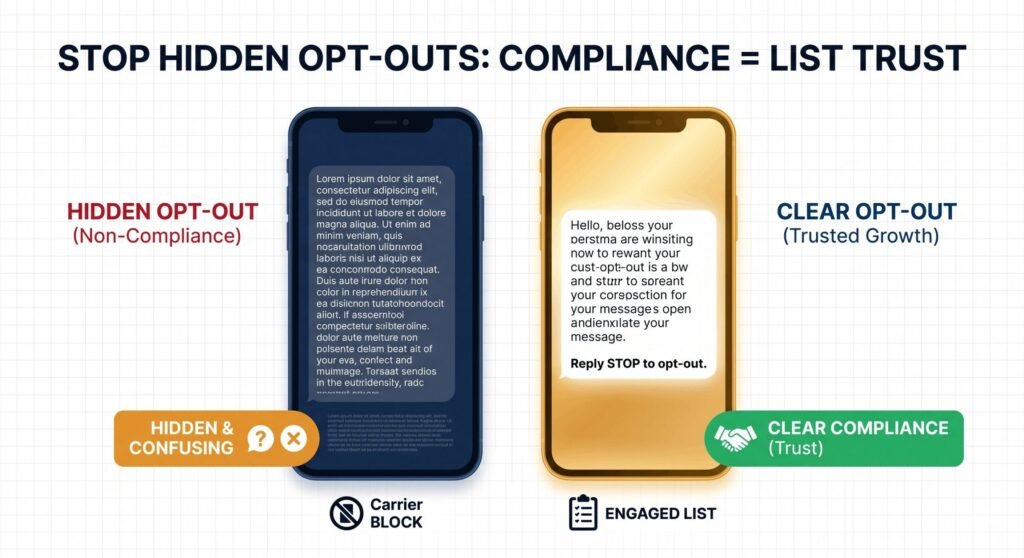 Infographic: Comparing the deliverability risks of hidden SMS opt-out instructions vs clear compliance and list trust