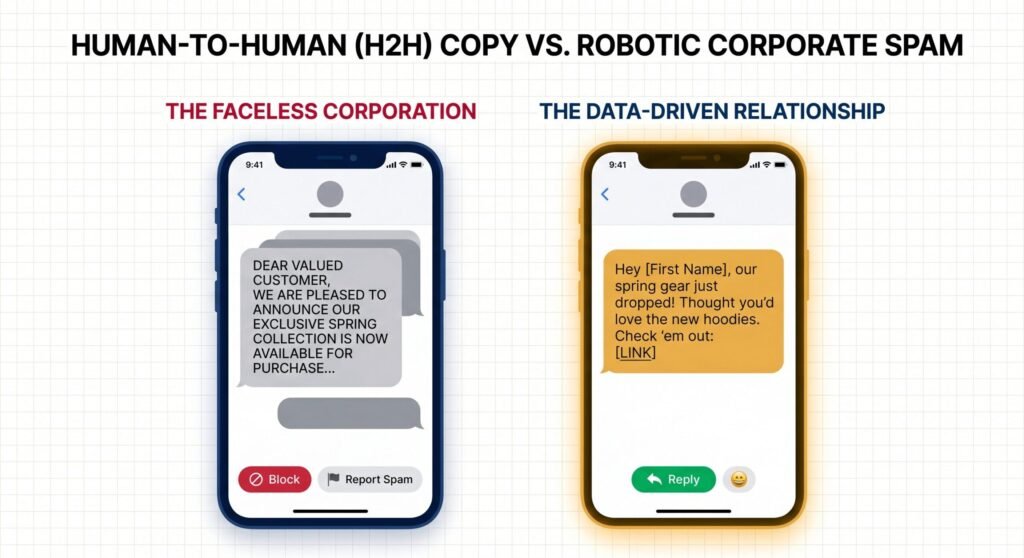 Infographic: Visual comparison of robotic corporate SMS copywriting vs personalized conversational human-to-human (H2H) copy