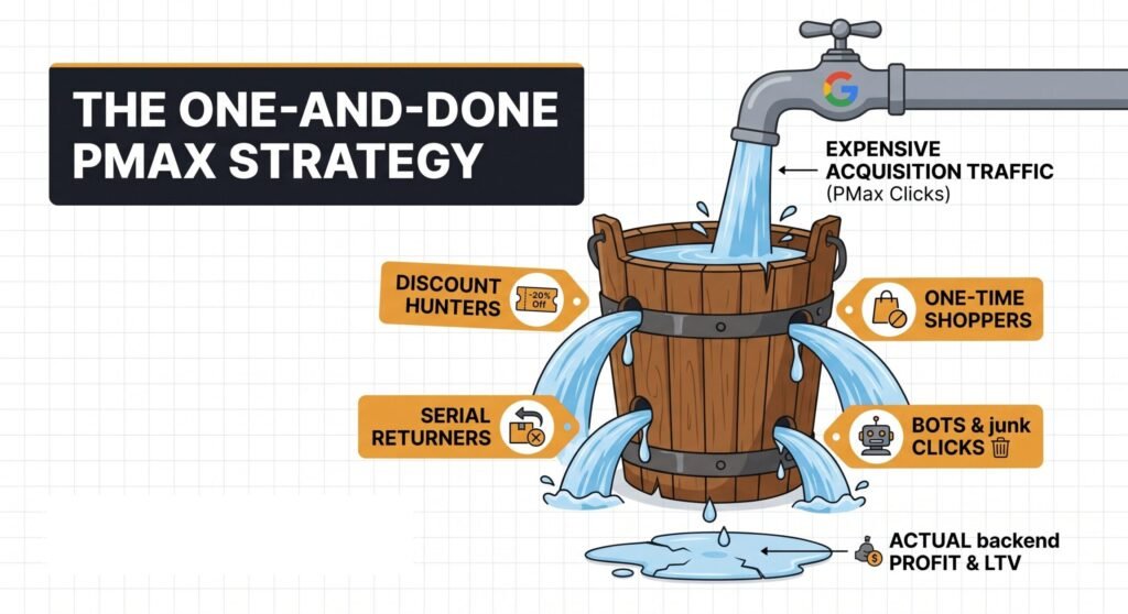 Diagram illustrating the 'Leaky Bucket' flaw in basic eCommerce retention strategy