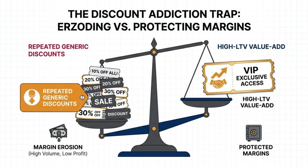 Infographic: Balance scale comparing how repeated discounts erode margins vs high-LTV value-add SMS strategy