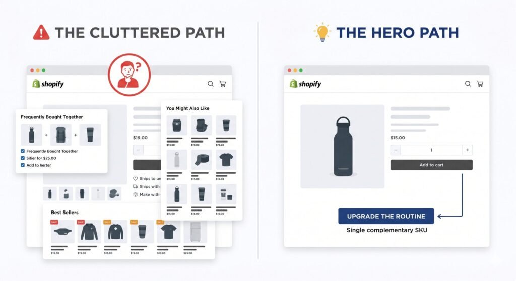 Comparison of cluttered generic cross-selling UI vs single Hero Path cross-selling UI to maximize conversion